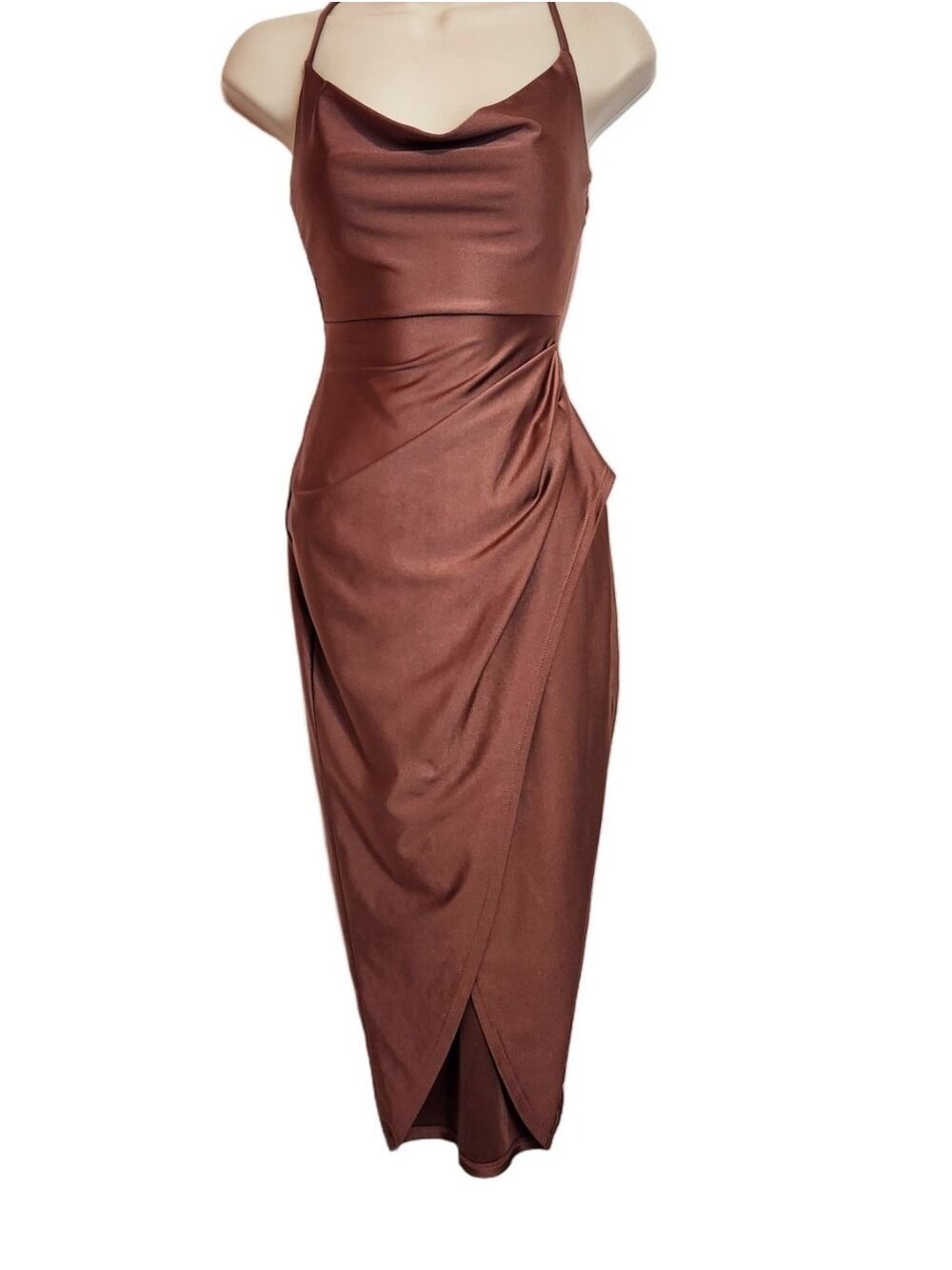 Windsor Satin Spaghetti Strap Asymmetrical Split Party Midi Dress Brown X-Small - Picture 5 of 10